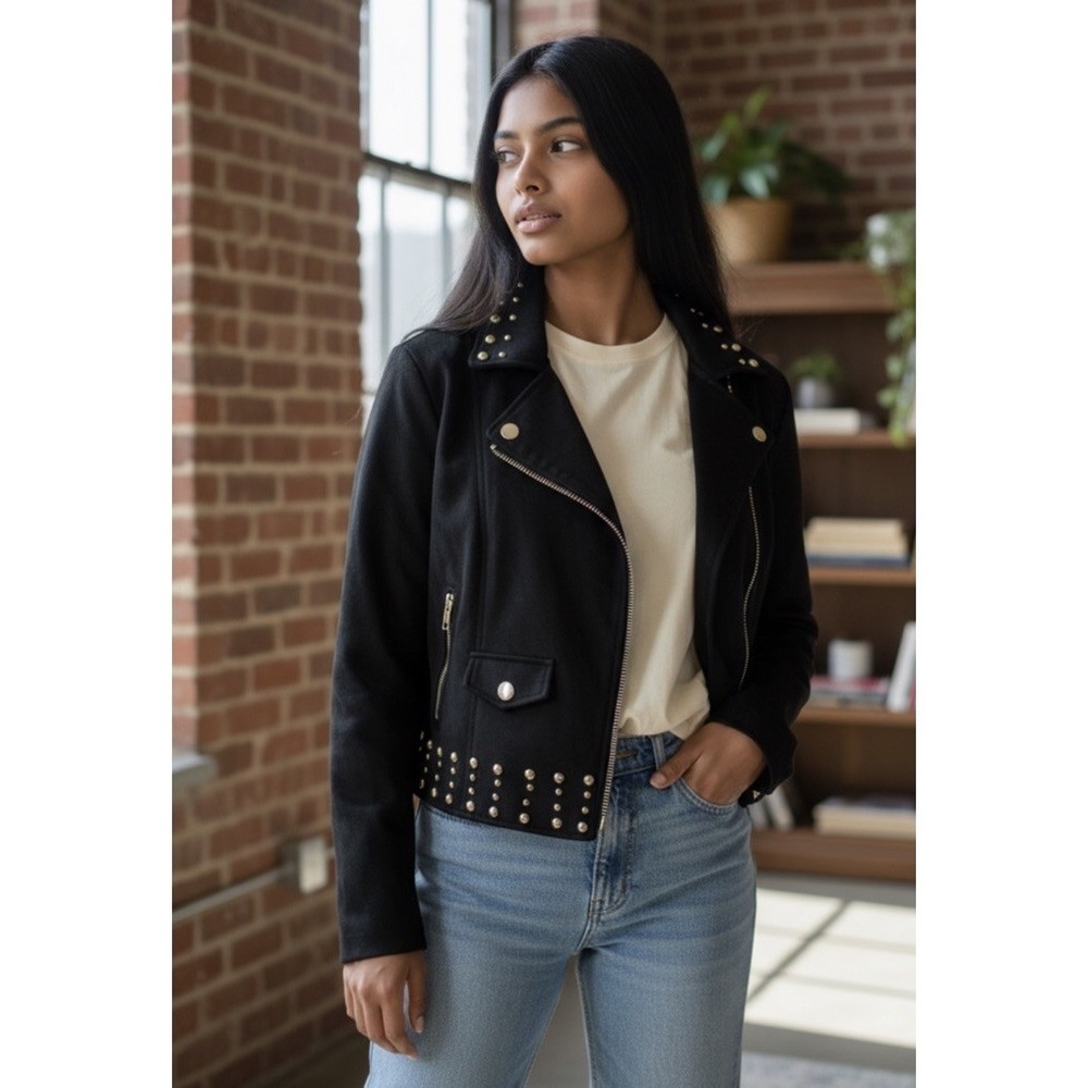 Forever 21 Black Moto Jacket Womens S Cropped Faux Suede Full Zip - Picture 3 of 9